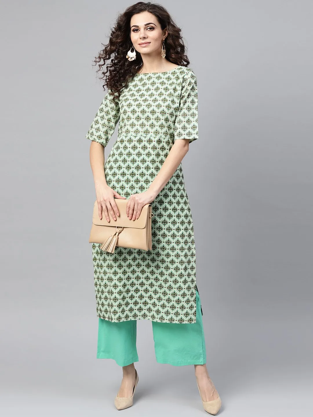 Light Green Multi Printed Straight Kurta Set With Solid Green Pants