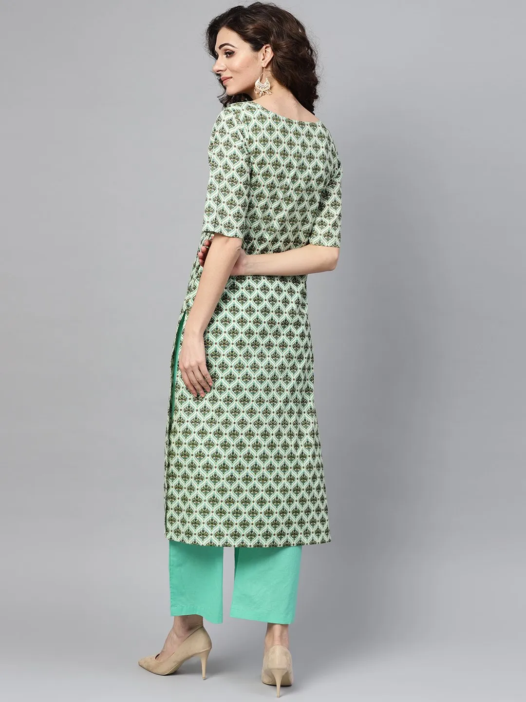 Light Green Multi Printed Straight Kurta Set With Solid Green Pants