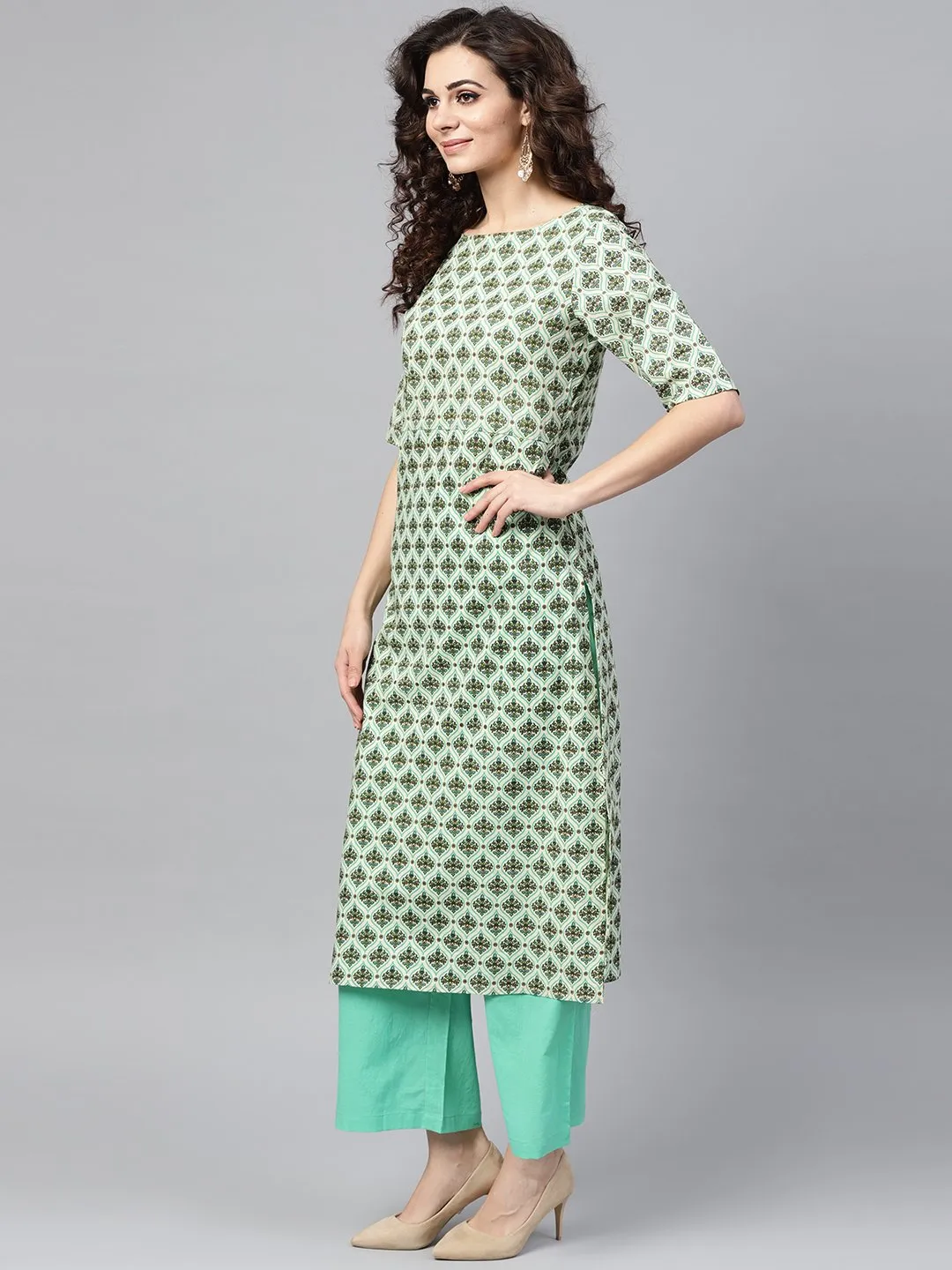 Light Green Multi Printed Straight Kurta Set With Solid Green Pants