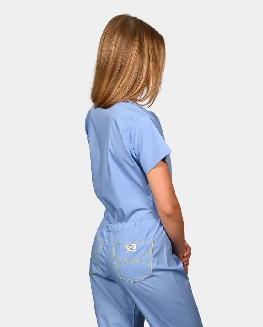 Limited Edition Shelby Scrub Top - Ceil Blue with Neon Yellow Stitching