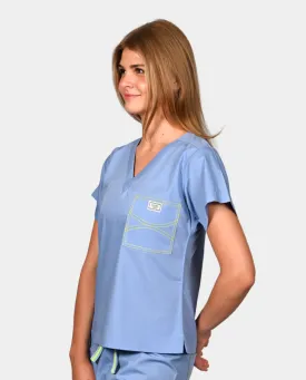 Limited Edition Shelby Scrub Top - Ceil Blue with Neon Yellow Stitching