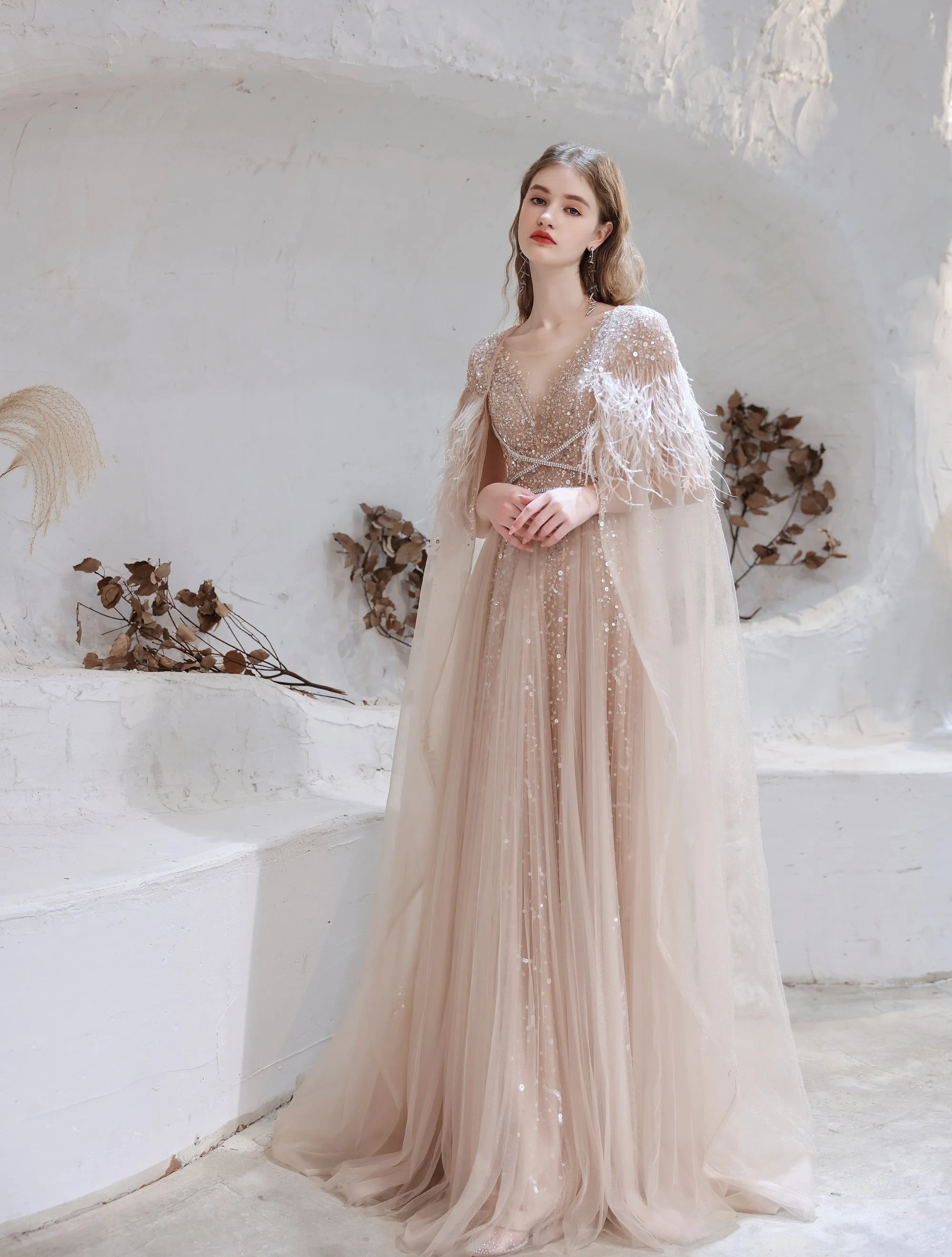 Luxury Pink Evening Dress, Long Evening Party Prom Dresses, Women Robe De Luxe Femme A Line Prom Gown With Feather Cape