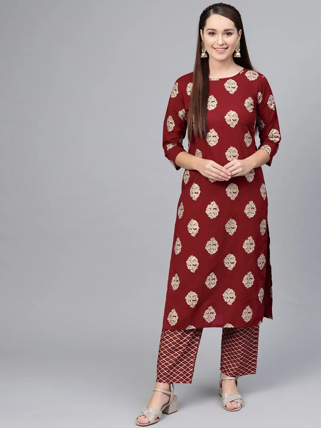 Maroon & Cream Gold Printed Kurta Set With Pants