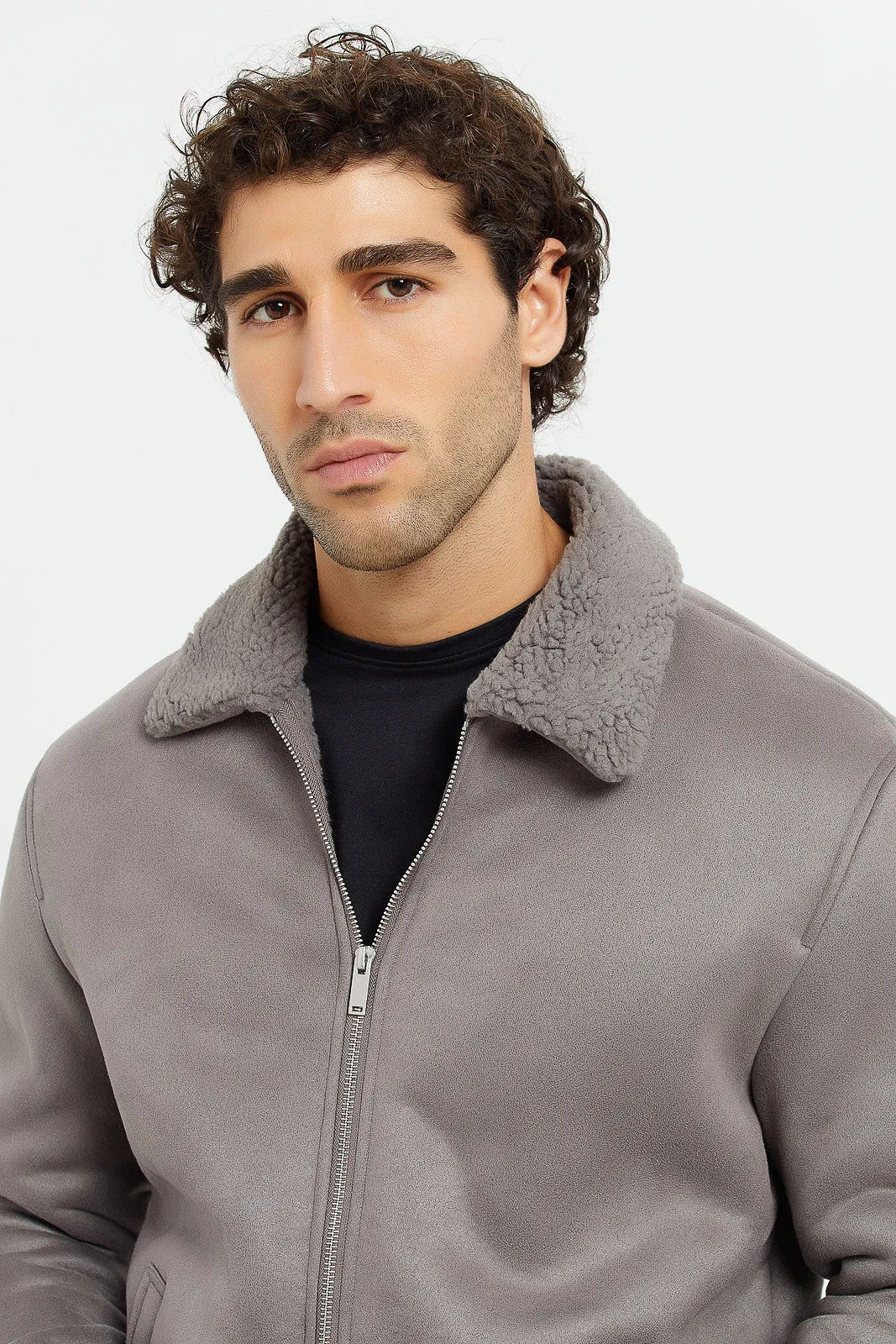 Men Grey Suede Aviator Jacket