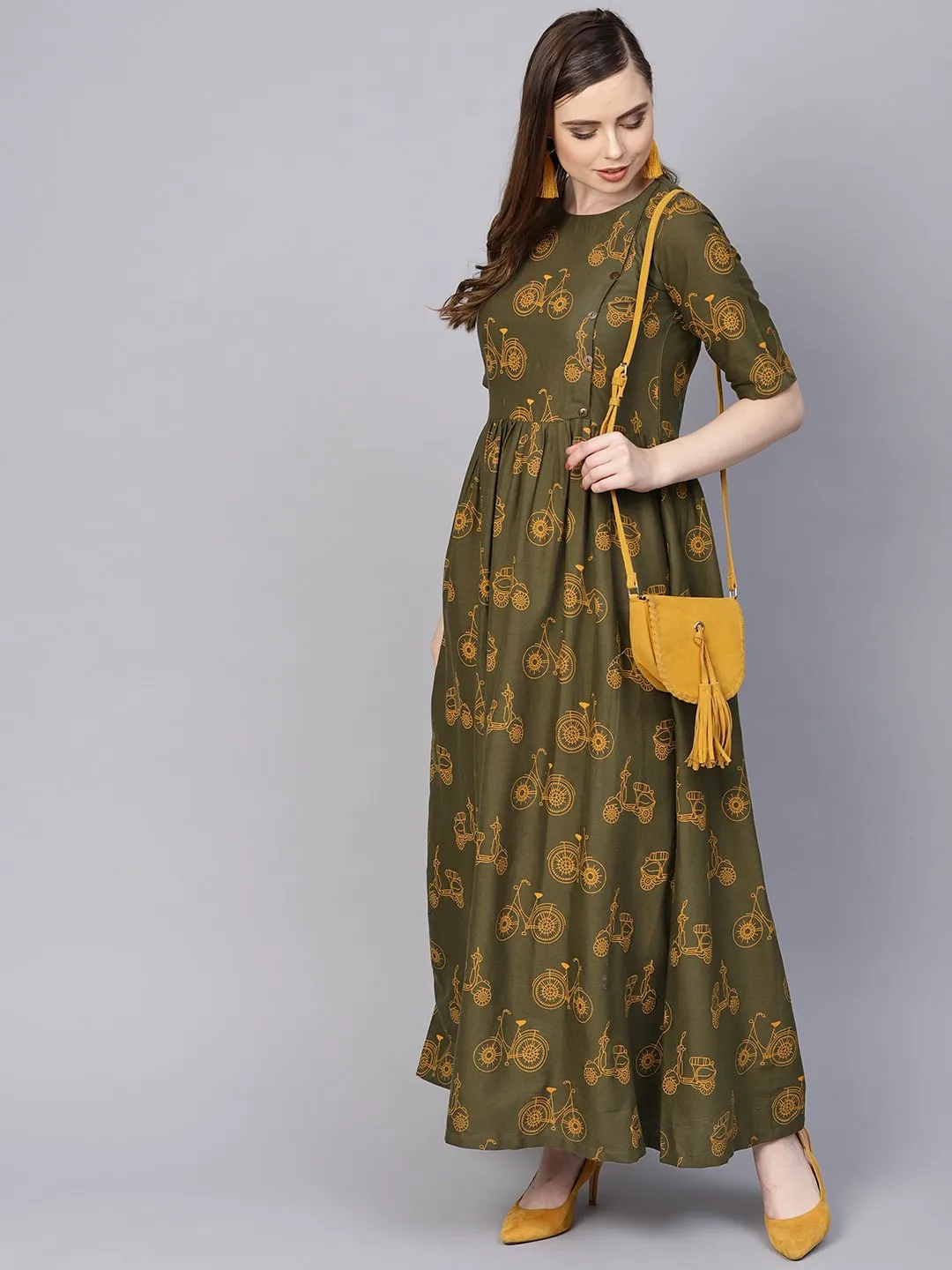 Military Green Printed Maxi Dress With Side Shoulder Placket With Half Sleeves