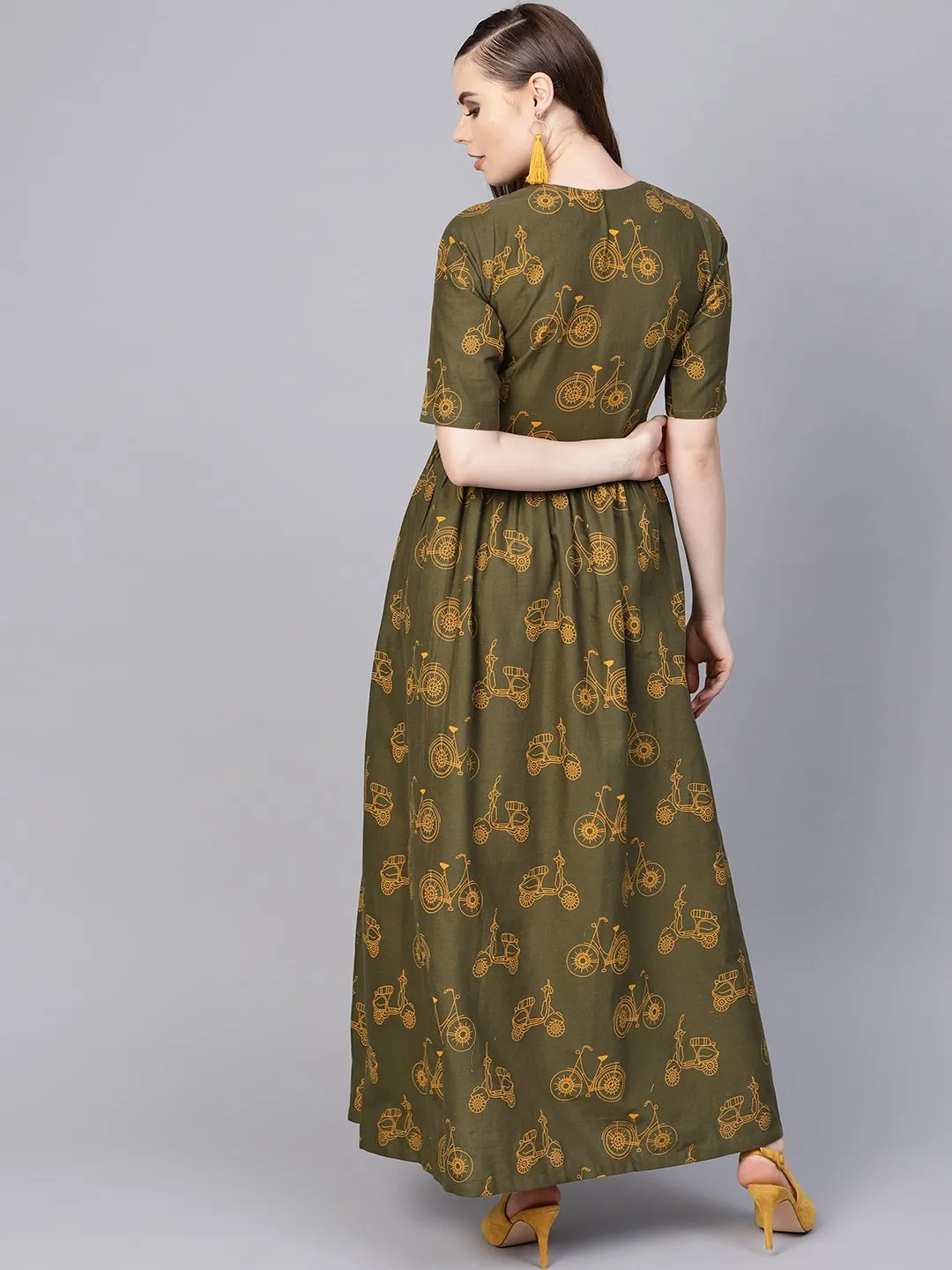 Military Green Printed Maxi Dress With Side Shoulder Placket With Half Sleeves