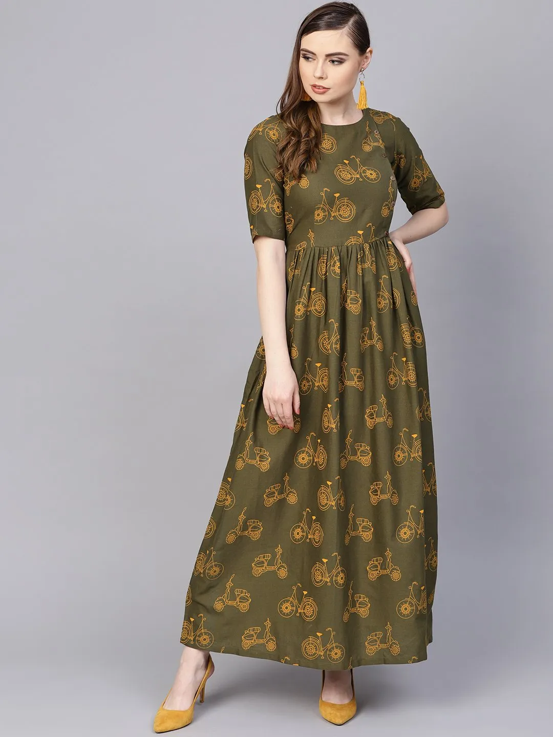 Military Green Printed Maxi Dress With Side Shoulder Placket With Half Sleeves