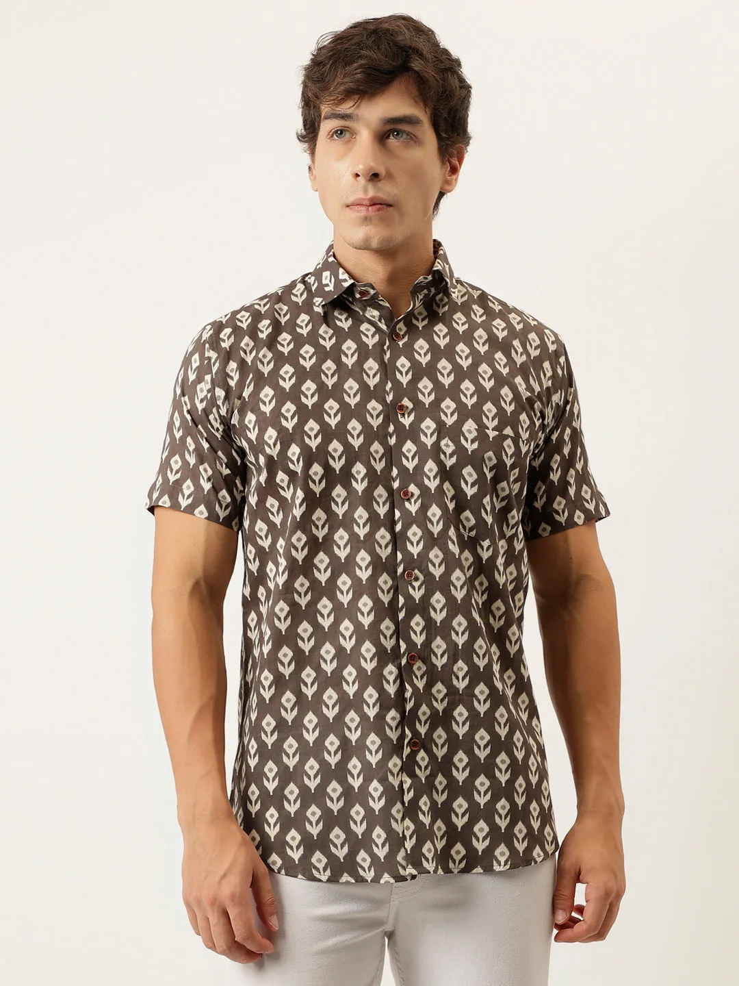 Millennial Men Brown Printed Cotton Half Sleeve Shirts