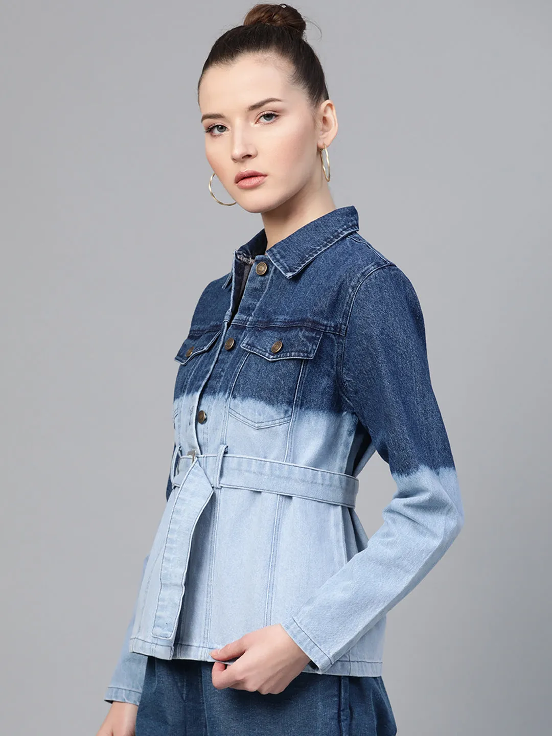 Navy & Blue Ombre Wash Belted Denim Jacket