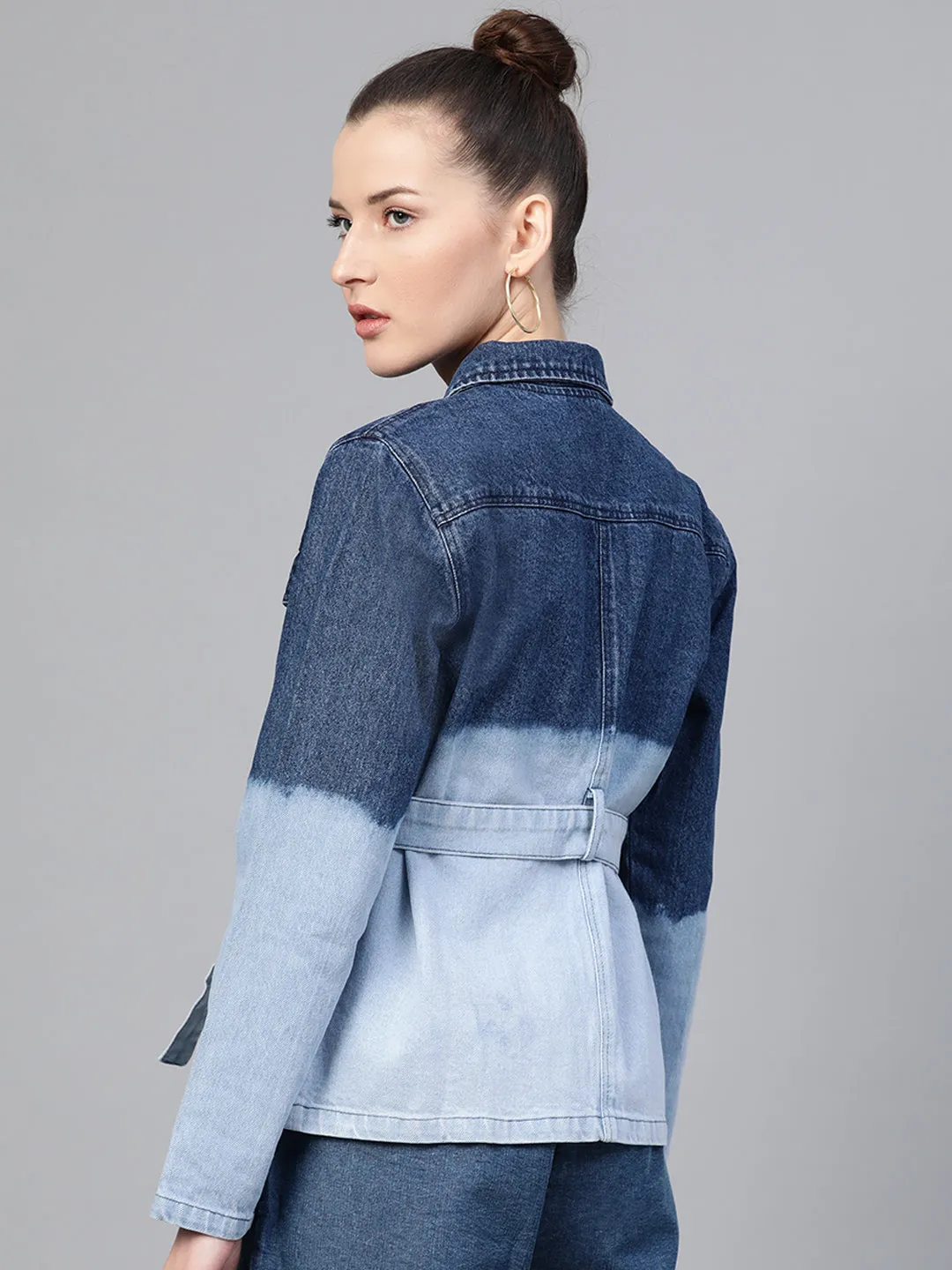 Navy & Blue Ombre Wash Belted Denim Jacket