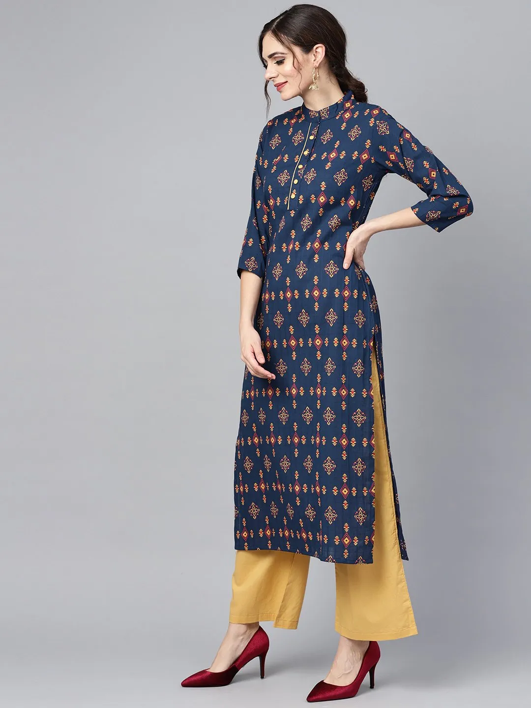 Navy Blue Geometric Printed 3/4Th Sleeve Kurta Set With Solid Yellow Pants