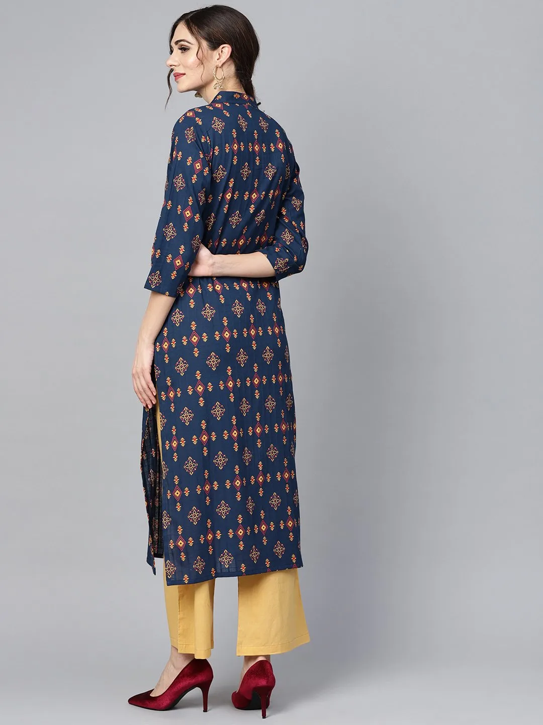 Navy Blue Geometric Printed 3/4Th Sleeve Kurta Set With Solid Yellow Pants