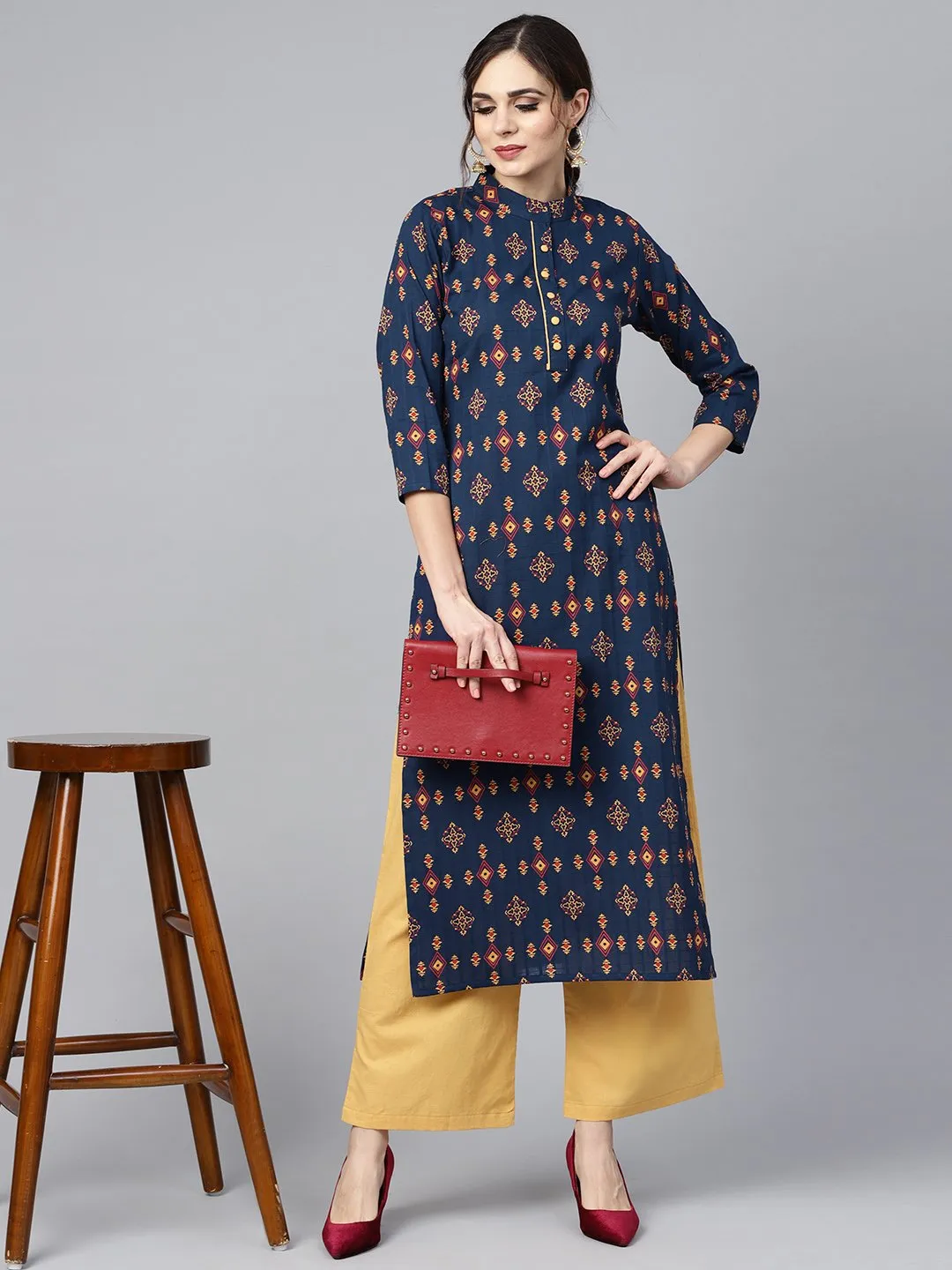 Navy Blue Geometric Printed 3/4Th Sleeve Kurta Set With Solid Yellow Pants