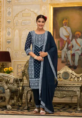 Navy Ethnic Motif Printed Georgette Kurta Pant And Dupatta Set With Sequins & Beads