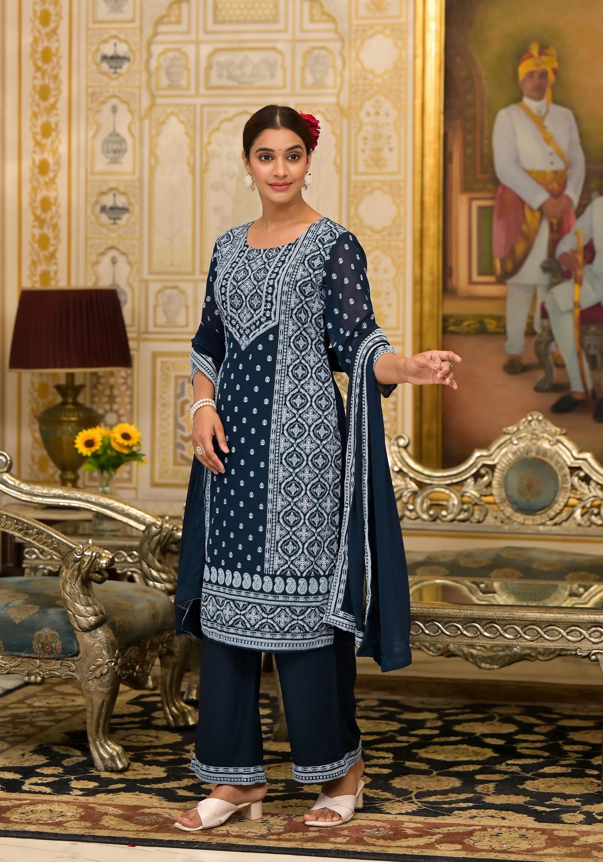 Navy Ethnic Motif Printed Georgette Kurta Pant And Dupatta Set With Sequins & Beads