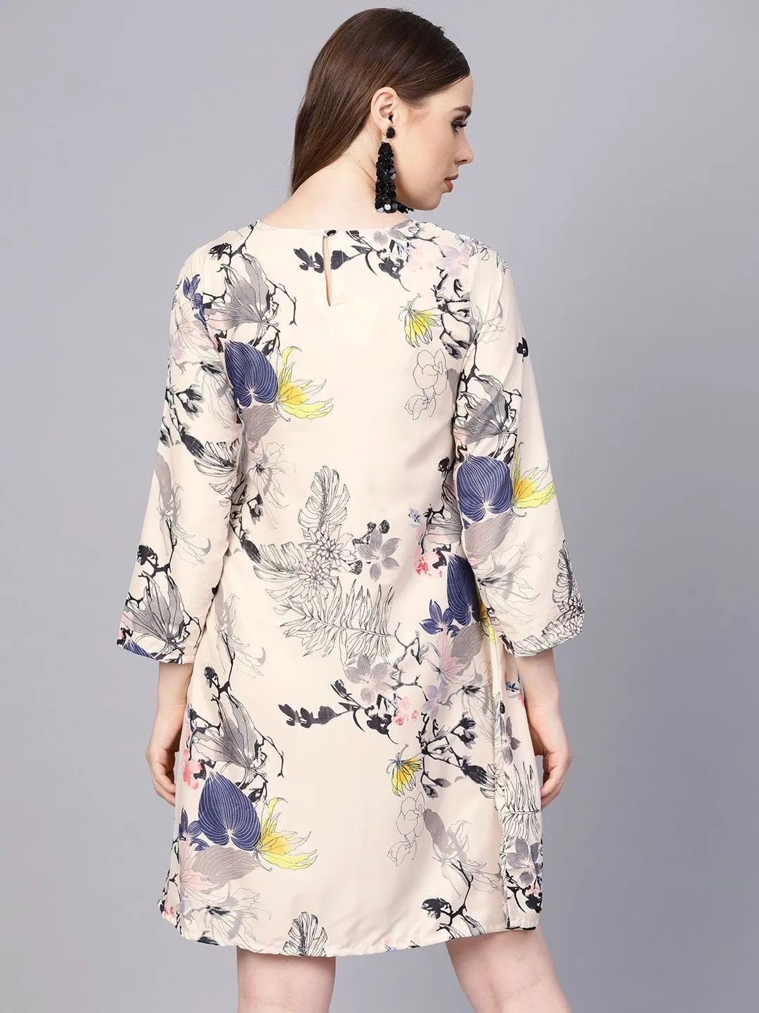 Off White Printed 3/4Th Sleeve A-Line Dress