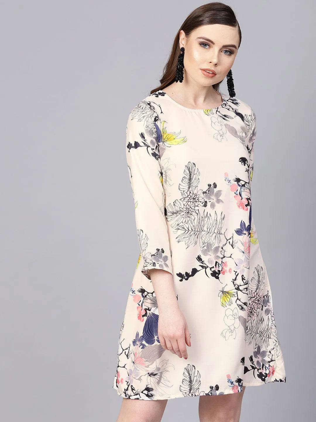 Off White Printed 3/4Th Sleeve A-Line Dress