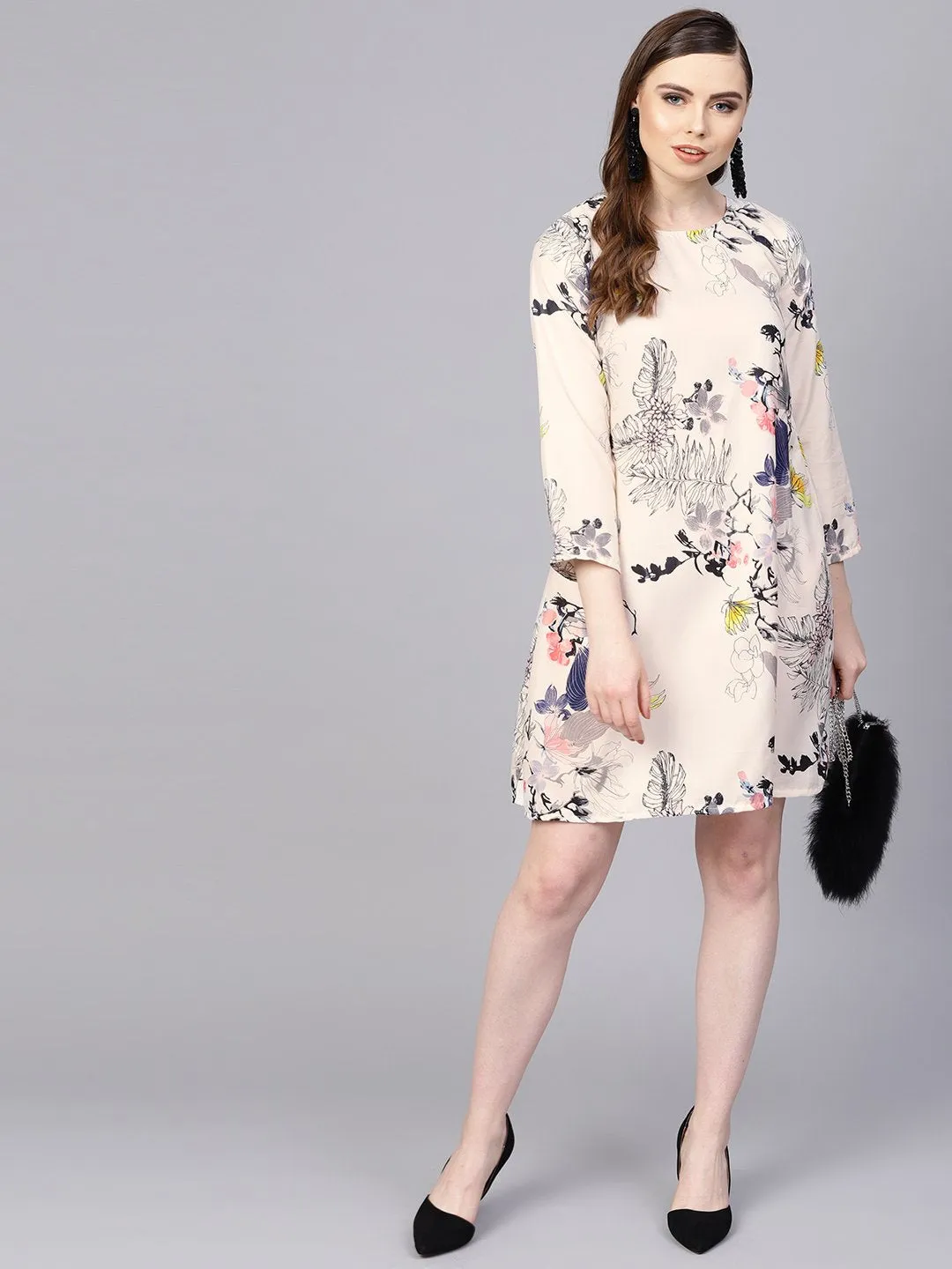 Off White Printed 3/4Th Sleeve A-Line Dress