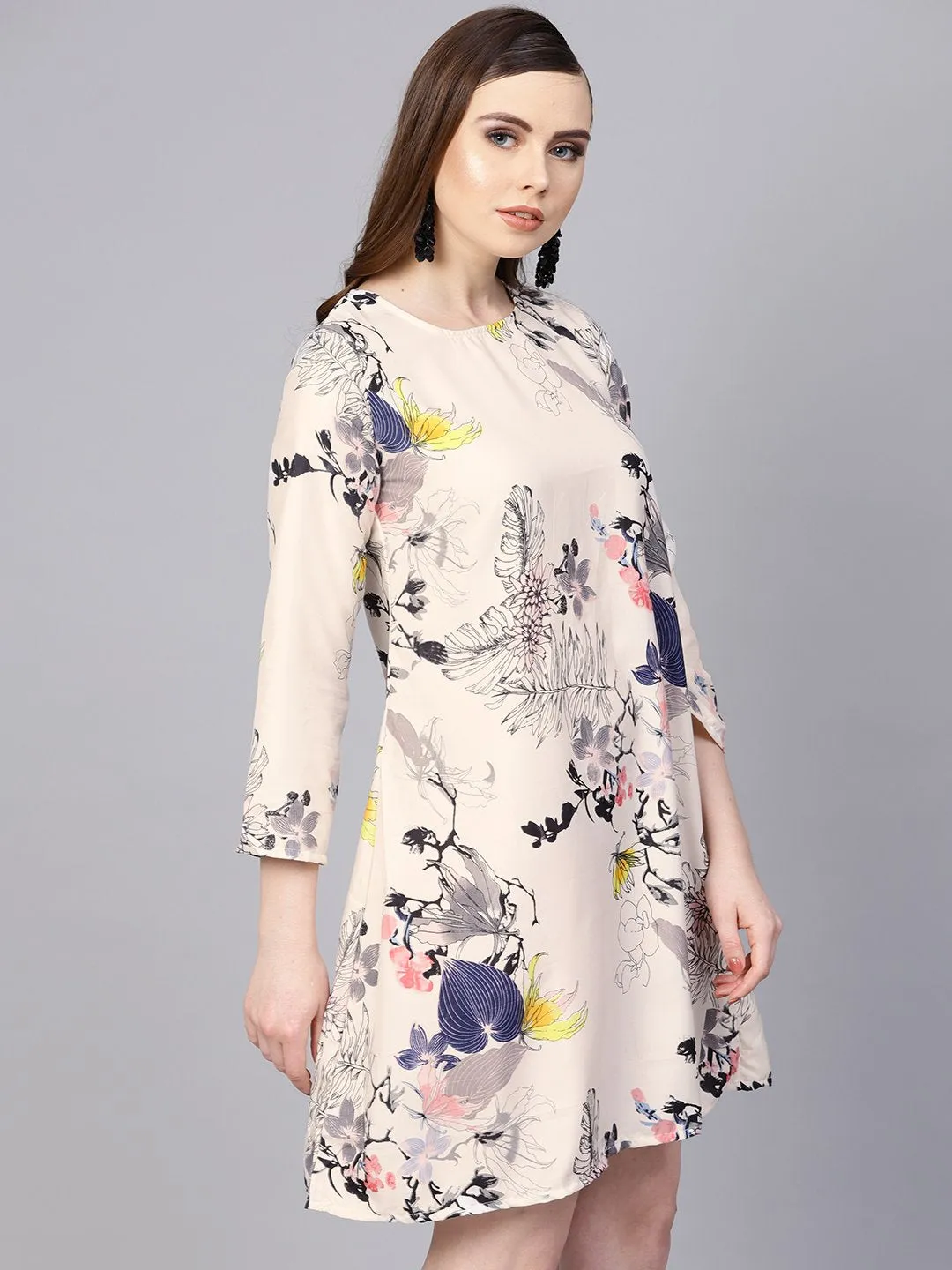 Off White Printed 3/4Th Sleeve A-Line Dress