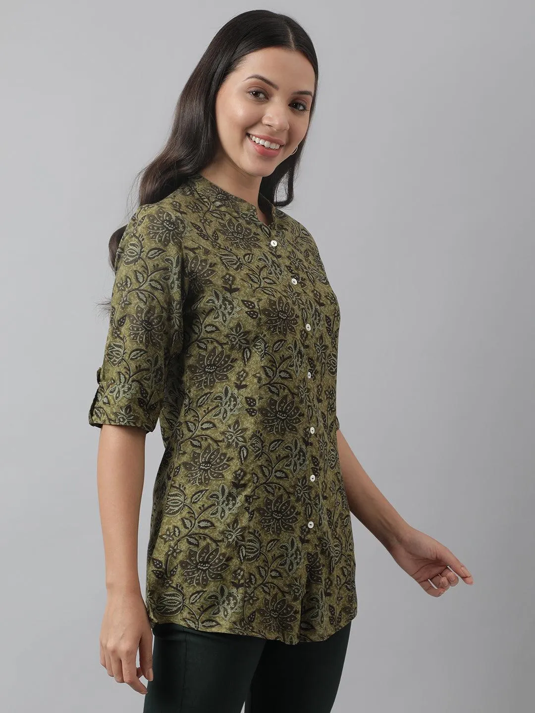 Olive Green Floral Printed Rayon A-Line Shirt Style Top