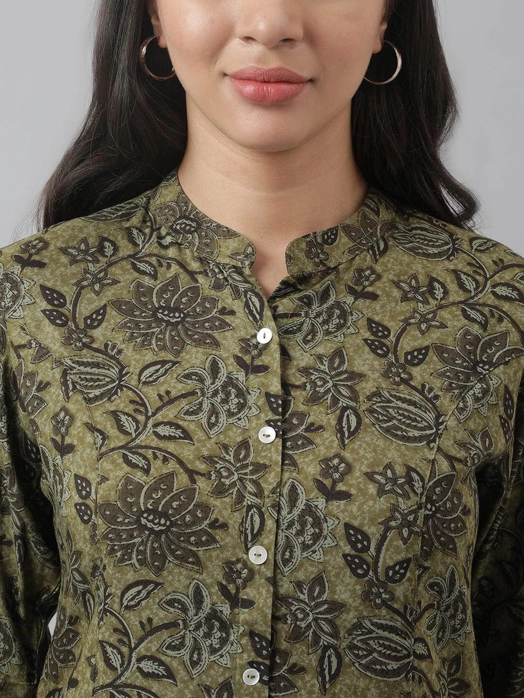 Olive Green Floral Printed Rayon A-Line Shirt Style Top