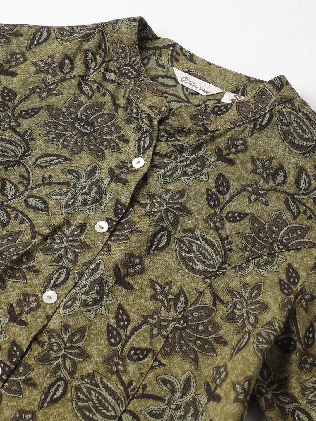 Olive Green Floral Printed Rayon A-Line Shirt Style Top