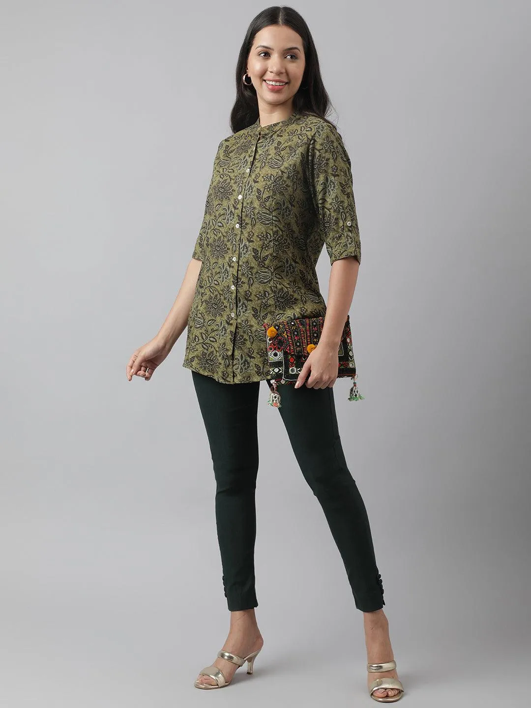 Olive Green Floral Printed Rayon A-Line Shirt Style Top