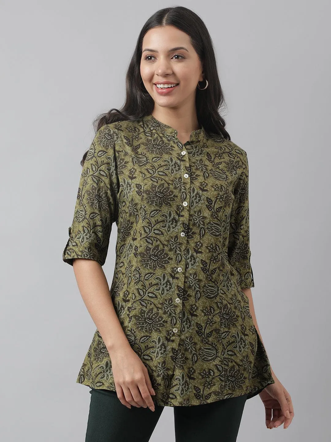 Olive Green Floral Printed Rayon A-Line Shirt Style Top