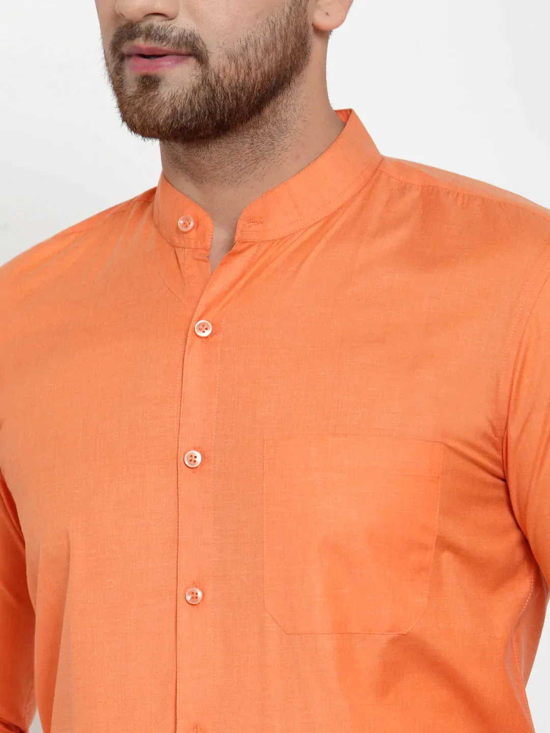 Orange Men'S Cotton Solid Mandarin Collar Formal Shirts