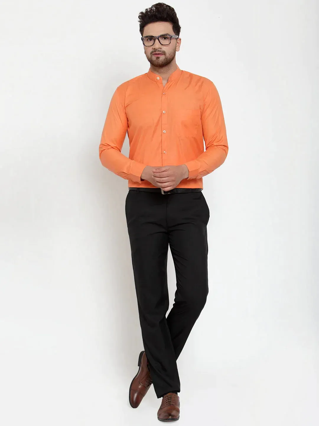 Orange Men'S Cotton Solid Mandarin Collar Formal Shirts