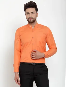 Orange Men'S Cotton Solid Mandarin Collar Formal Shirts