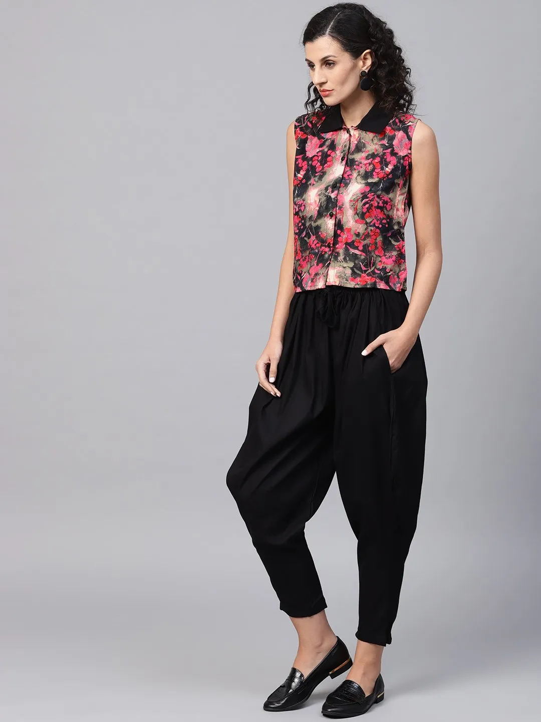 Pink & Black Printed Sleeveless Tops With Black Ankle Length Balloon Pant