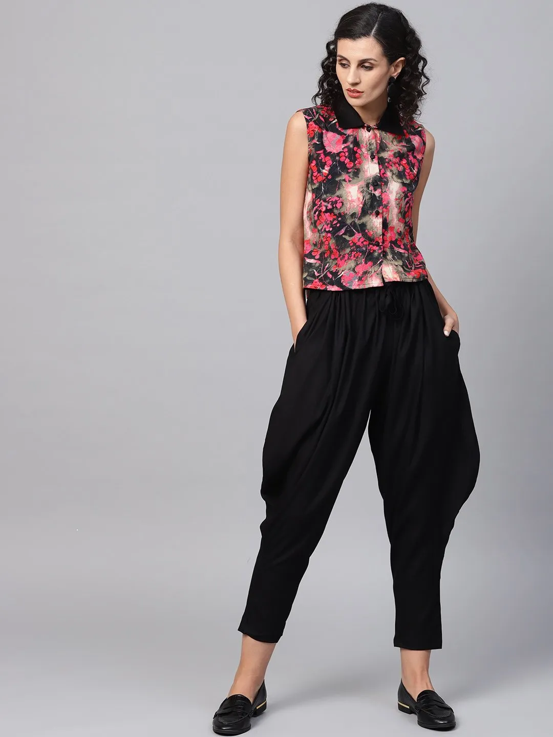 Pink & Black Printed Sleeveless Tops With Black Ankle Length Balloon Pant