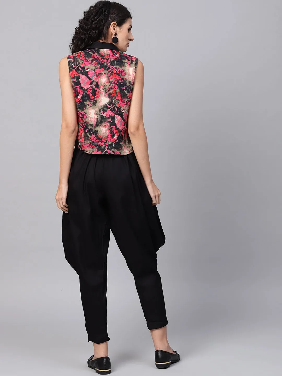 Pink & Black Printed Sleeveless Tops With Black Ankle Length Balloon Pant