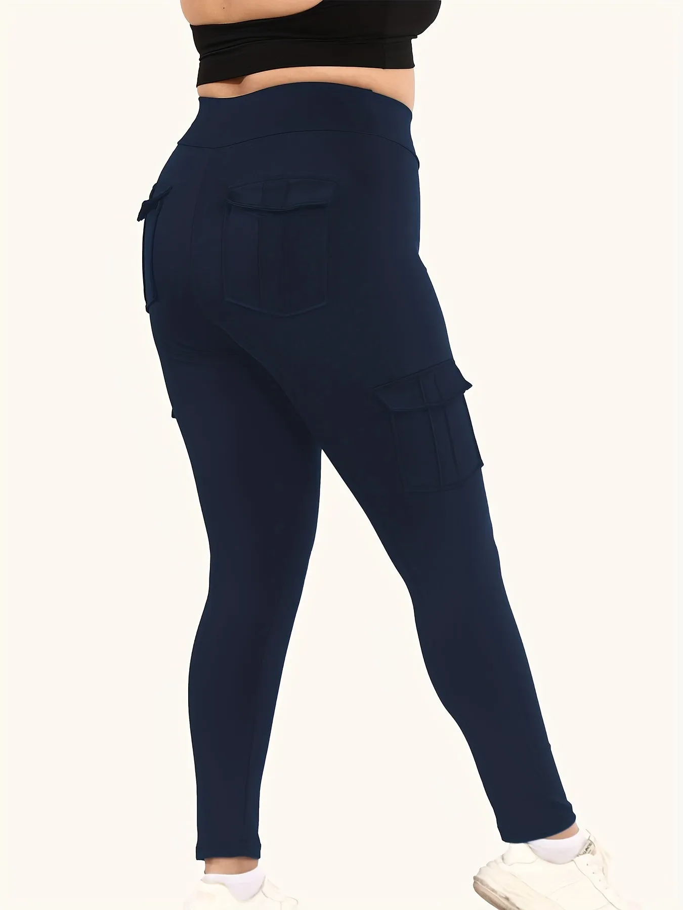 Plus Size High Rise Skinny Fitness Leggings with Flap Pockets for Women