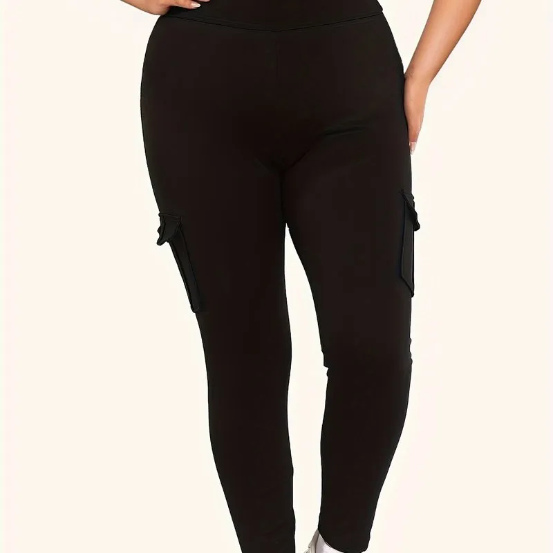 Plus Size High Rise Skinny Fitness Leggings with Flap Pockets for Women