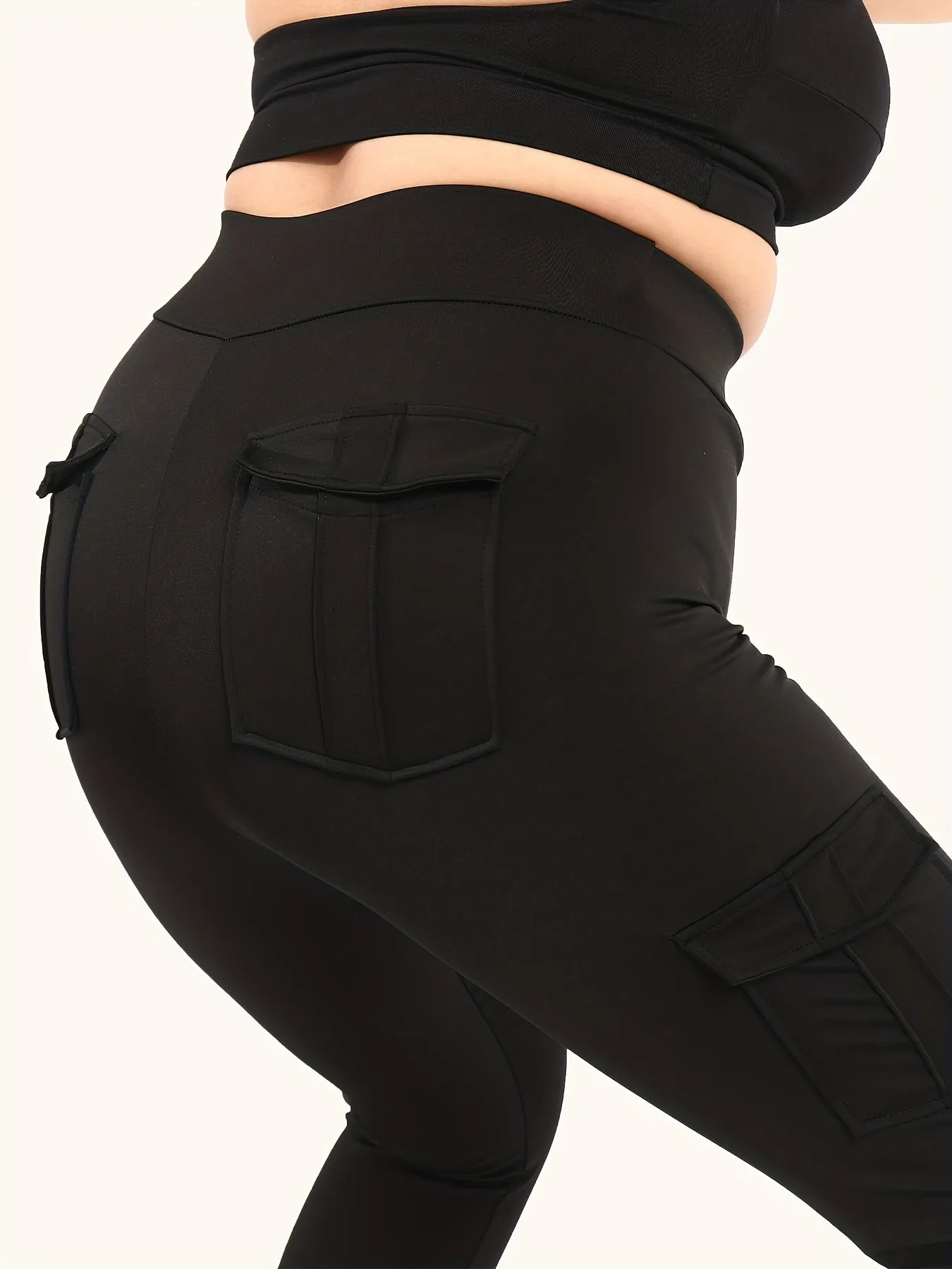 Plus Size High Rise Skinny Fitness Leggings with Flap Pockets for Women