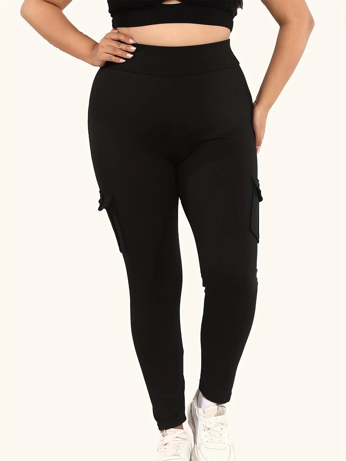 Plus Size High Rise Skinny Fitness Leggings with Flap Pockets for Women