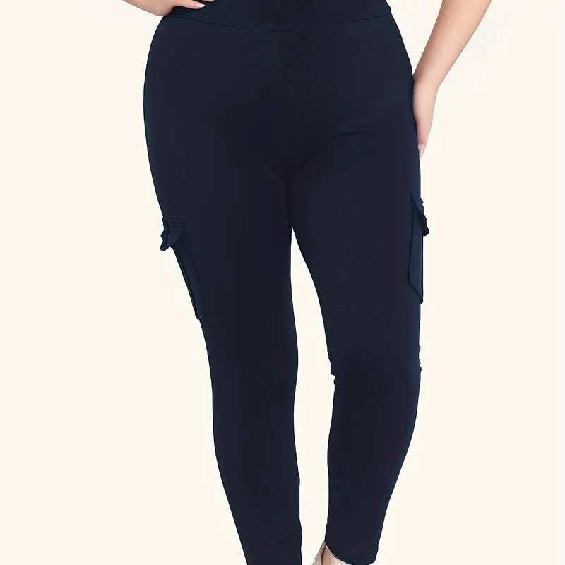 Plus Size High Rise Skinny Fitness Leggings with Flap Pockets for Women