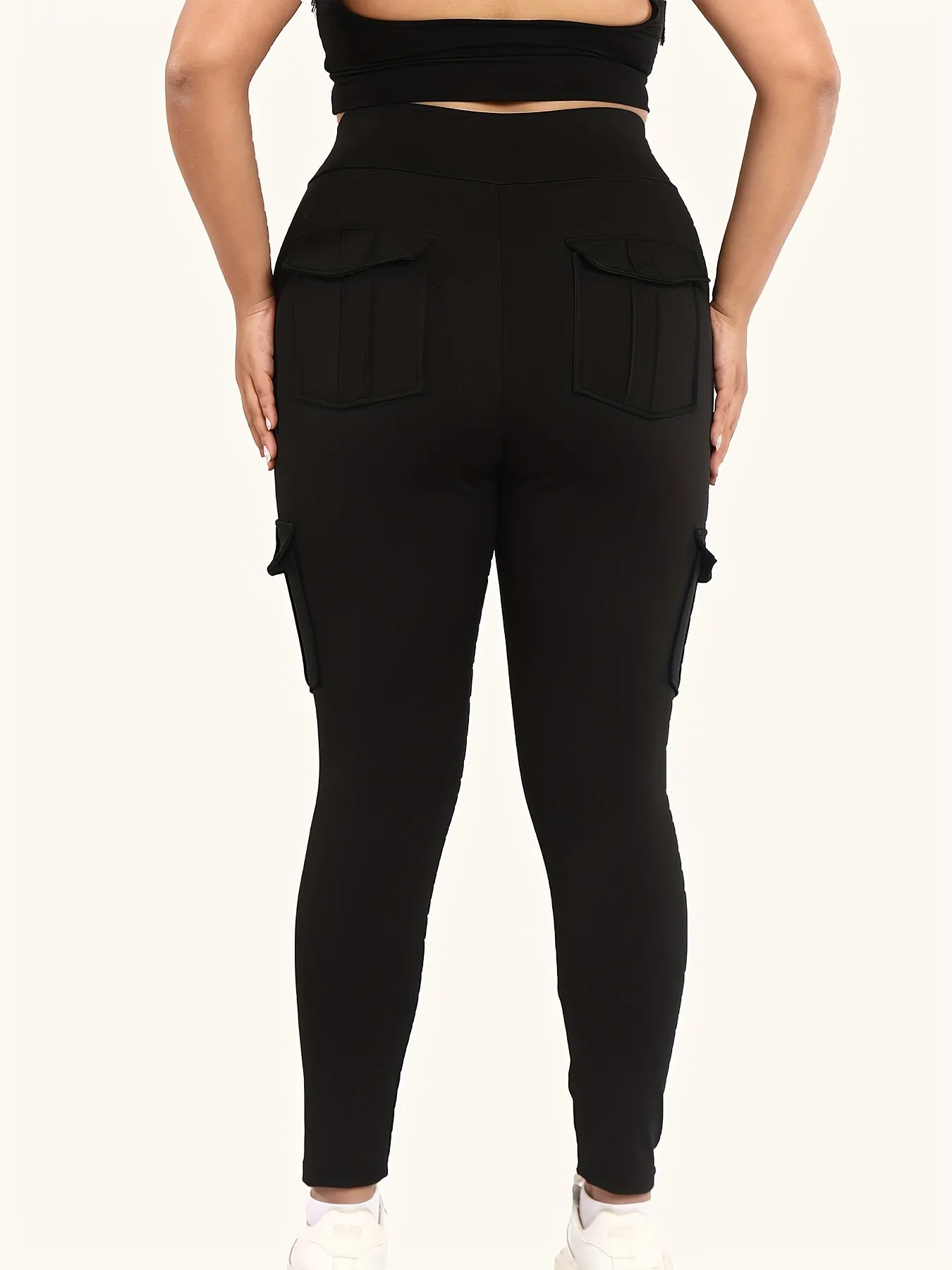 Plus Size High Rise Skinny Fitness Leggings with Flap Pockets for Women