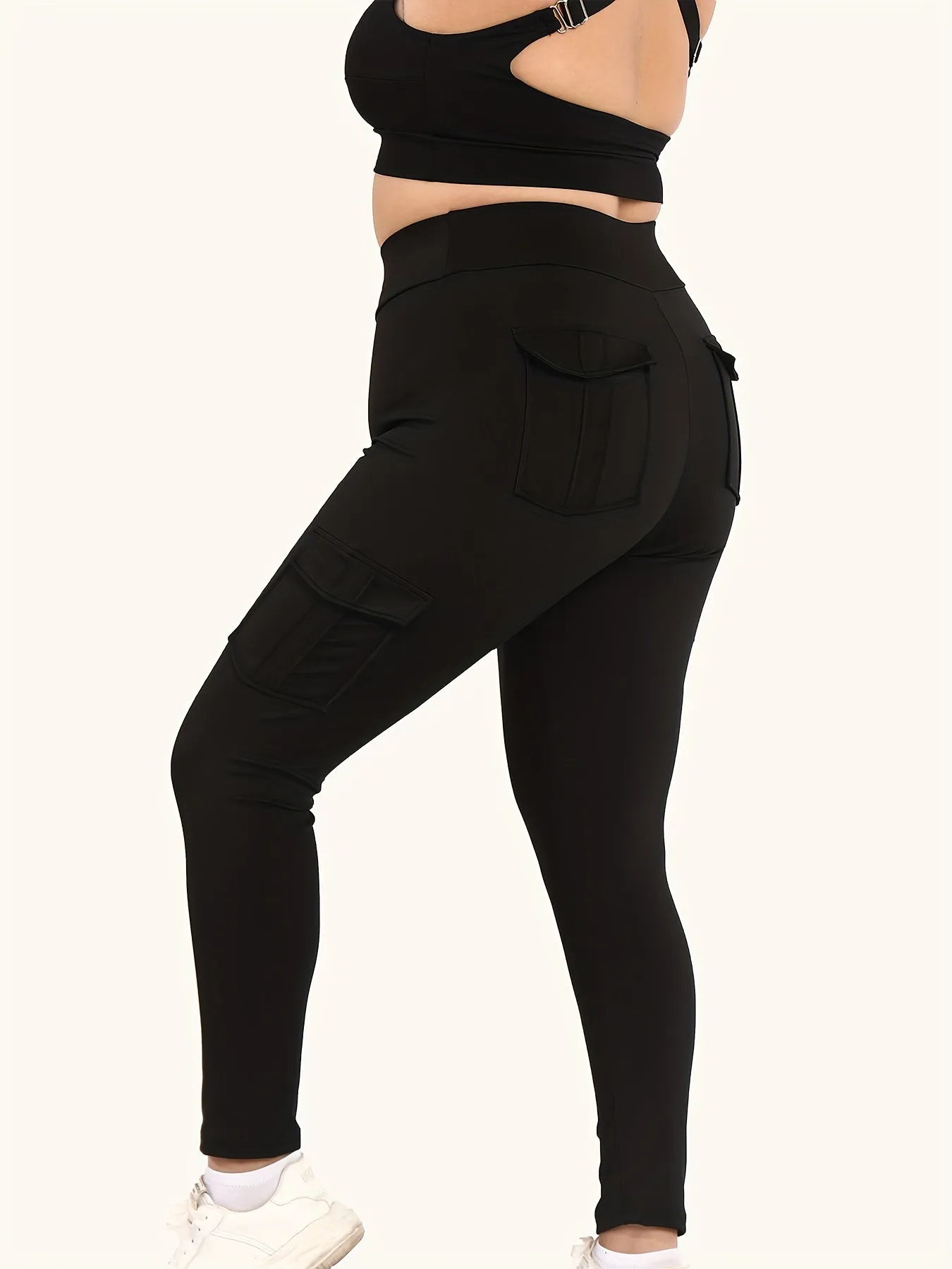 Plus Size High Rise Skinny Fitness Leggings with Flap Pockets for Women