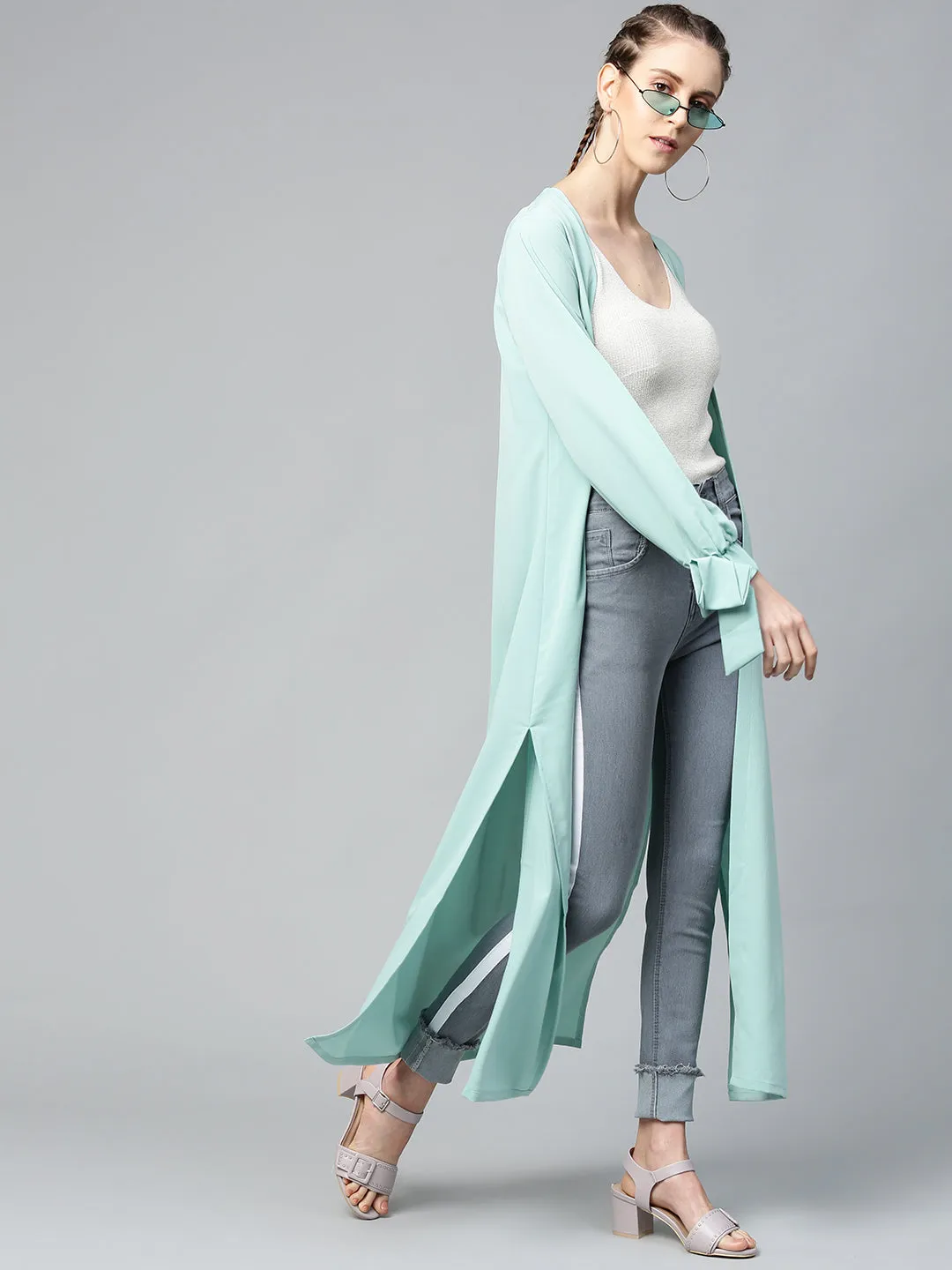 Sea Green Solid Front Open Shrug