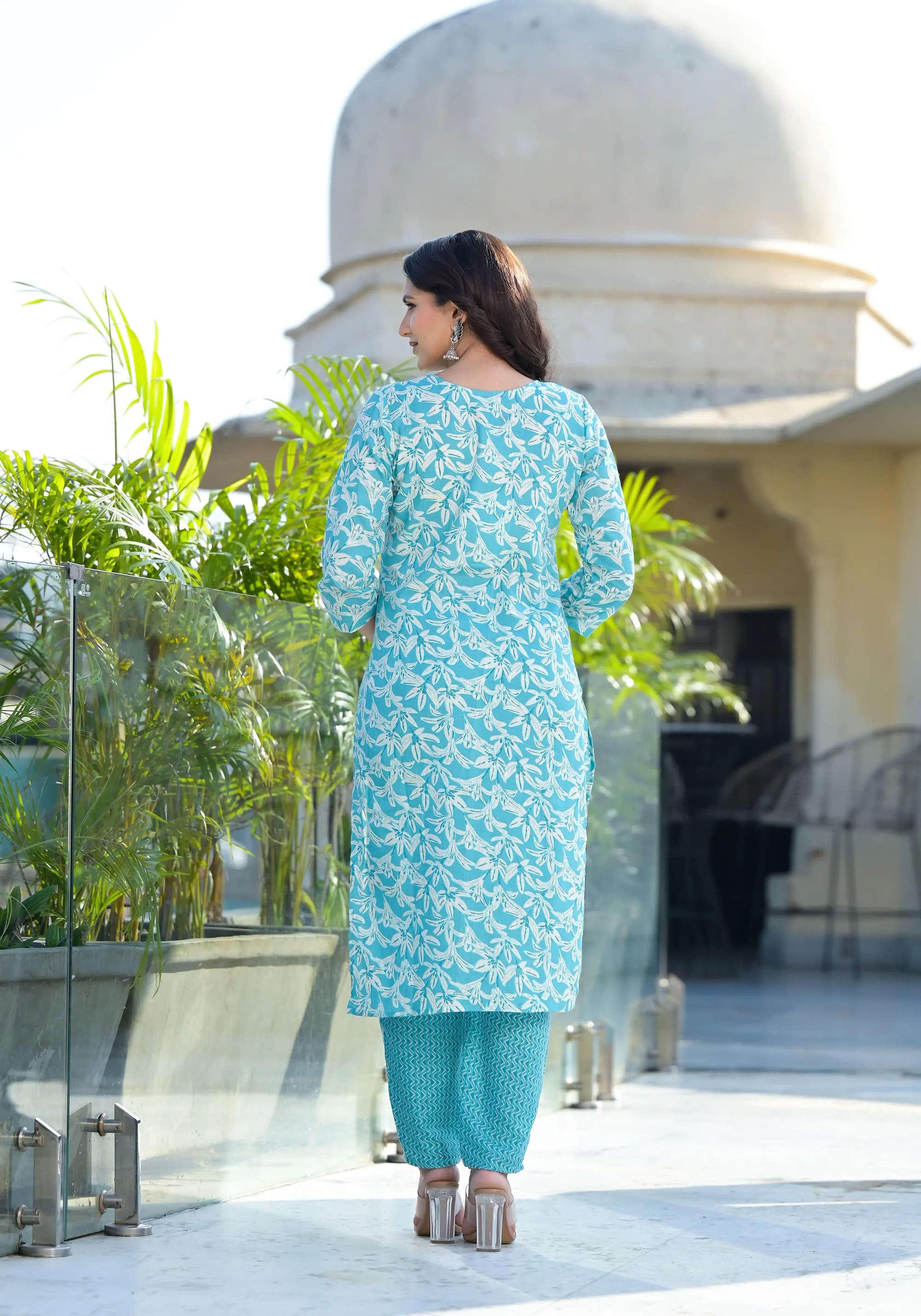 Sky Blue Floral Printed Cotton Kurta Set With Thread & Mirror Work