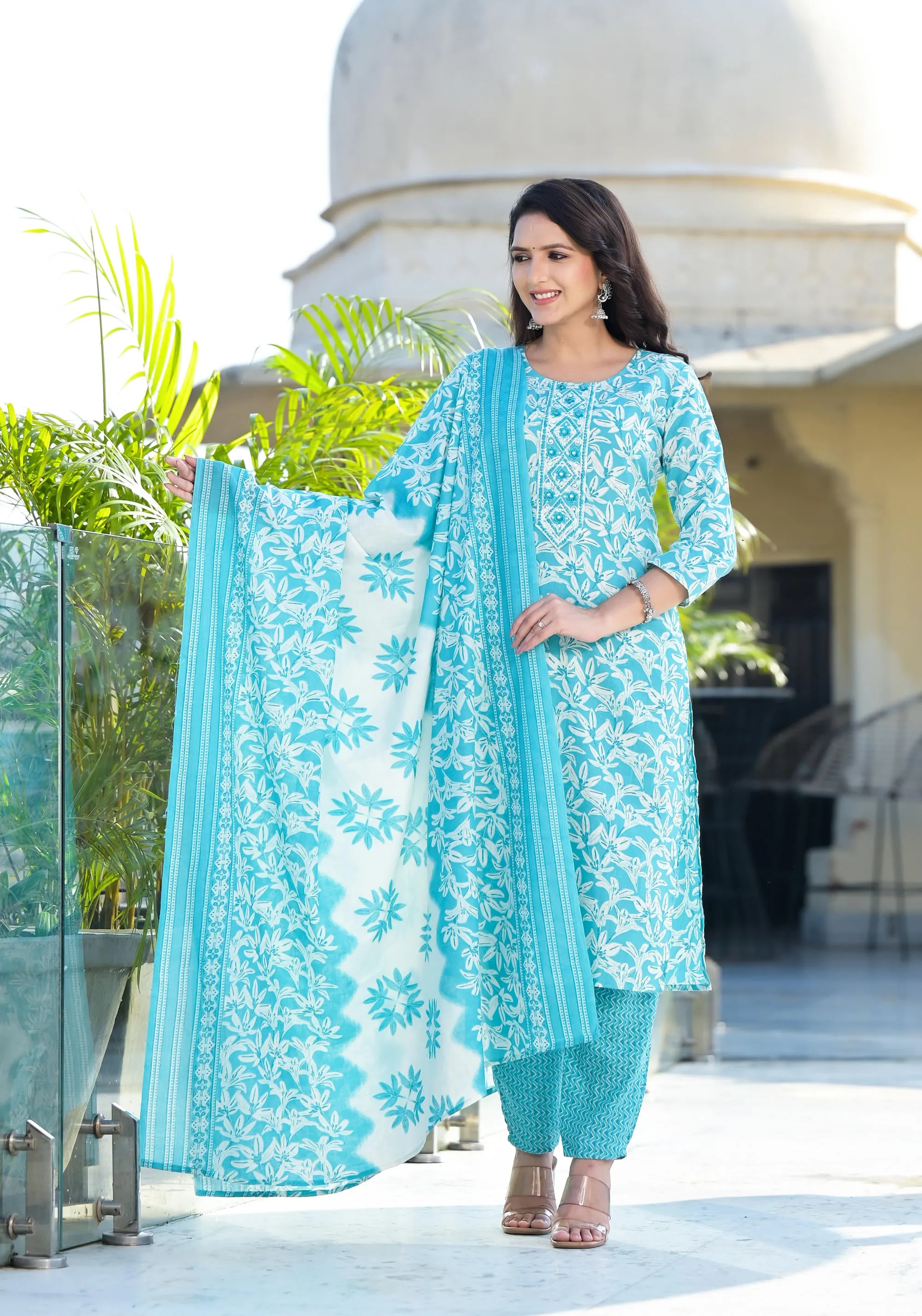 Sky Blue Floral Printed Cotton Kurta Set With Thread & Mirror Work