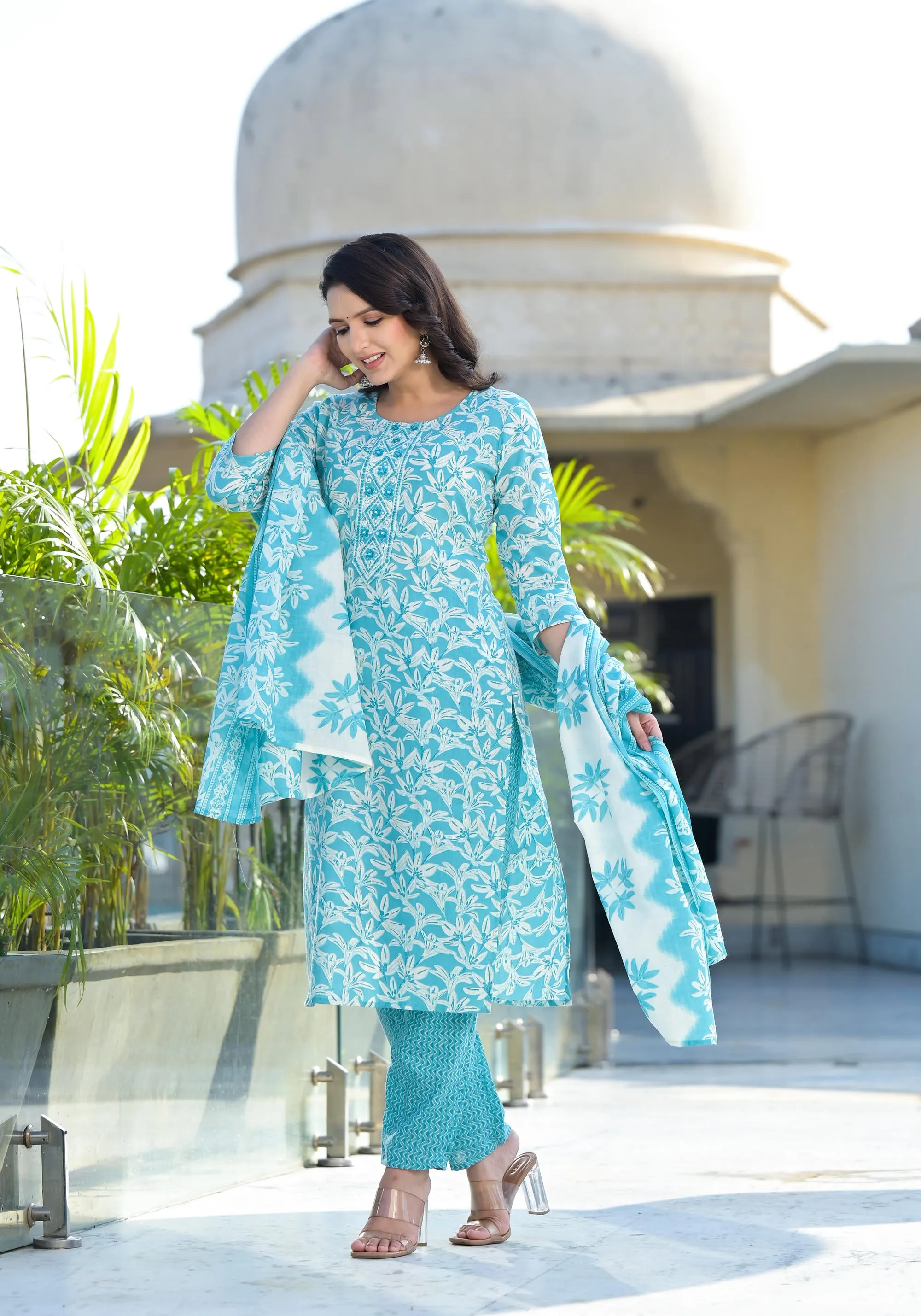 Sky Blue Floral Printed Cotton Kurta Set With Thread & Mirror Work