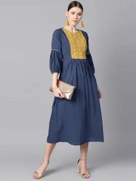 Solid Blue Dress With Front Printed Yoke & Pleated Sleeves