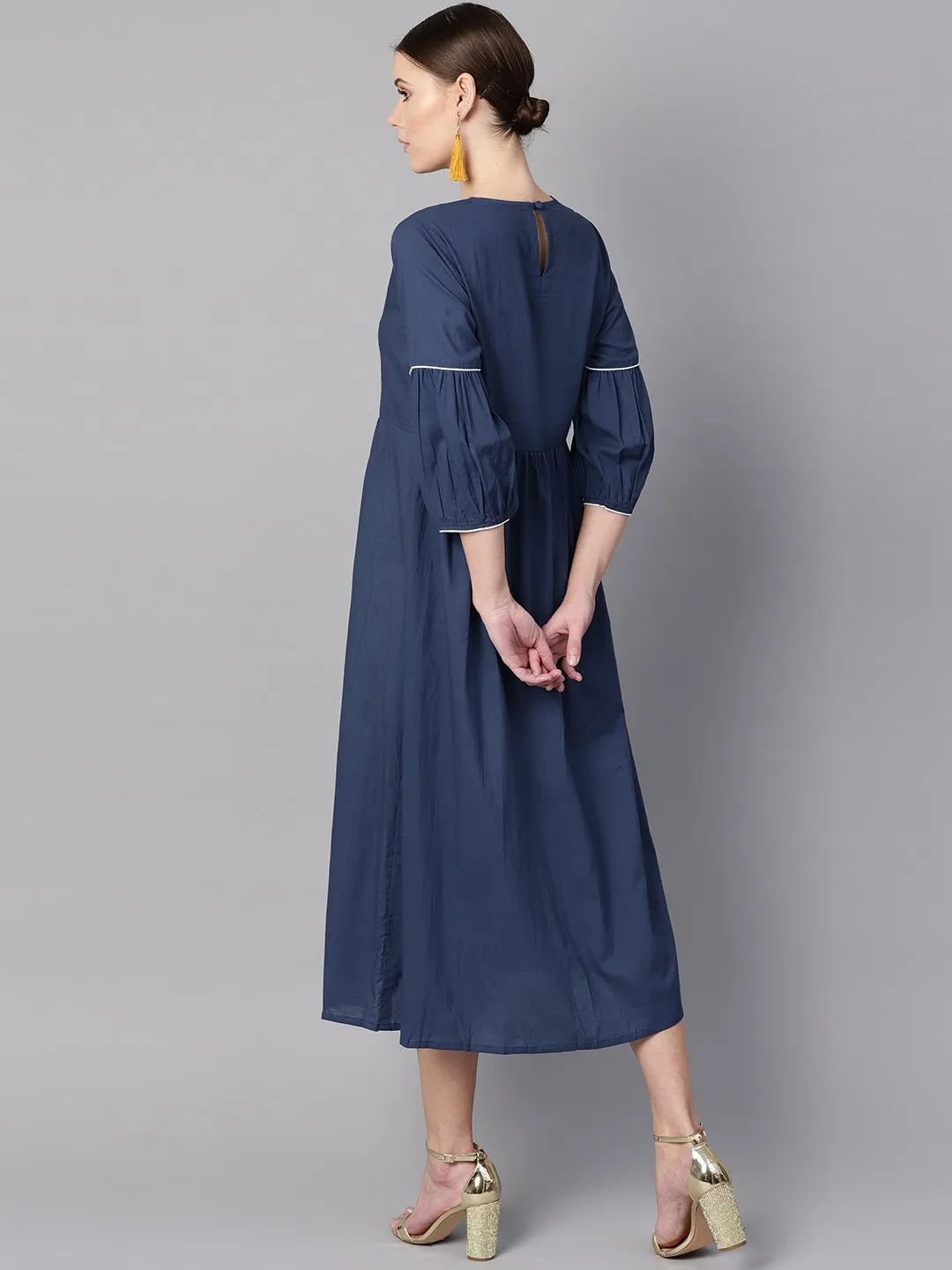 Solid Blue Dress With Front Printed Yoke & Pleated Sleeves