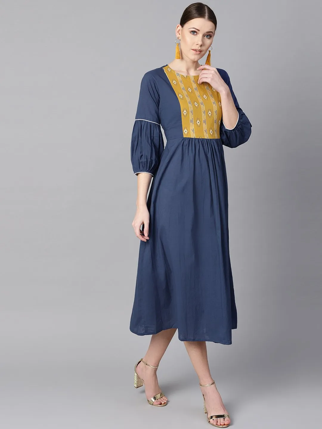 Solid Blue Dress With Front Printed Yoke & Pleated Sleeves