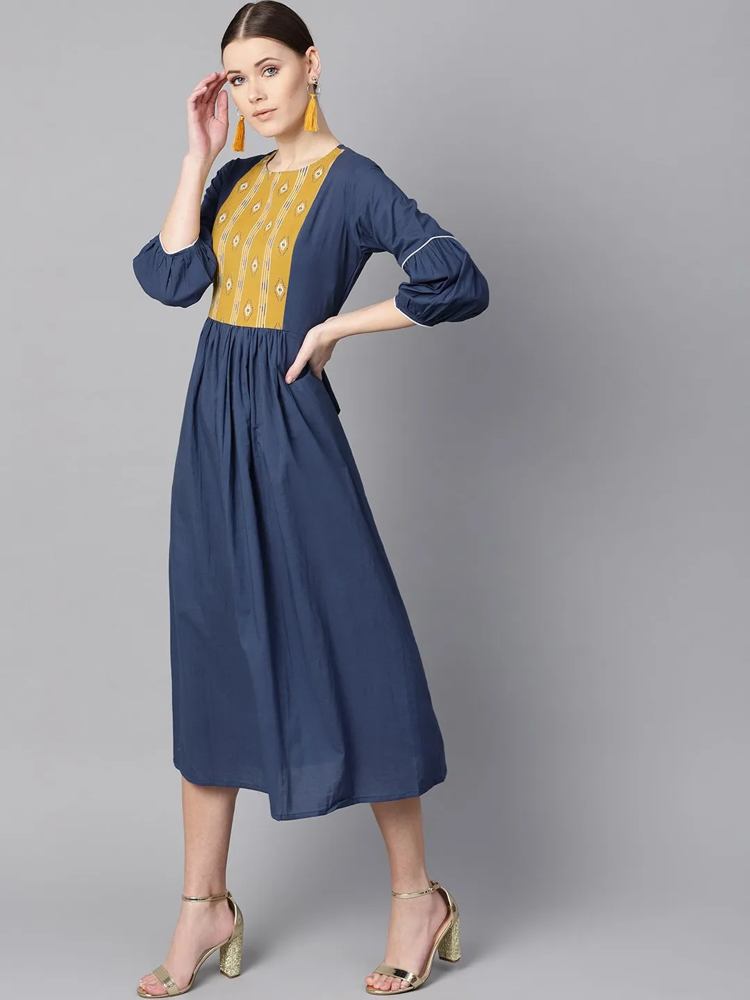 Solid Blue Dress With Front Printed Yoke & Pleated Sleeves