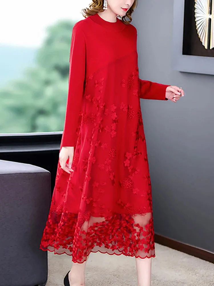 Spliced Embroidery Round Neck Long Sleeve Knit Dress